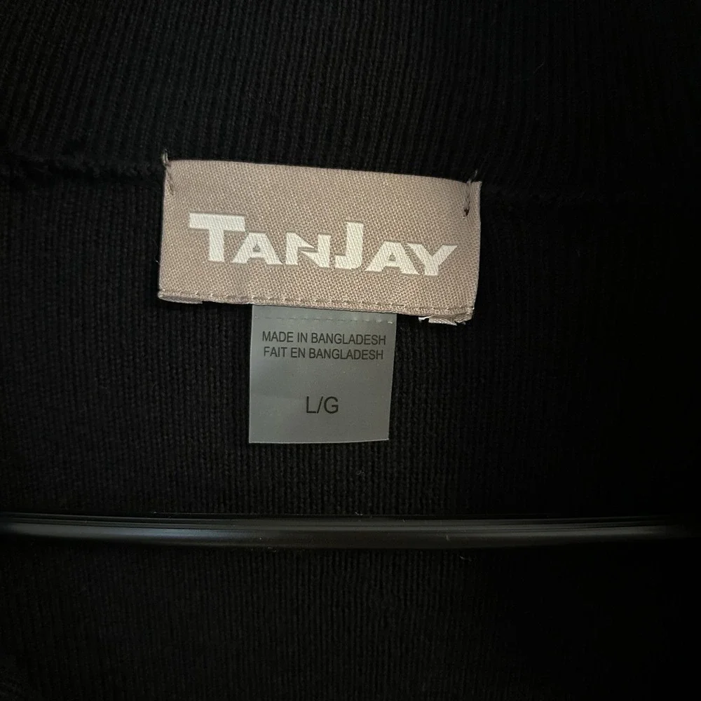 TanJay NWT Women's Black Knit Jacket Cardigan White Trim Button Front Size Large